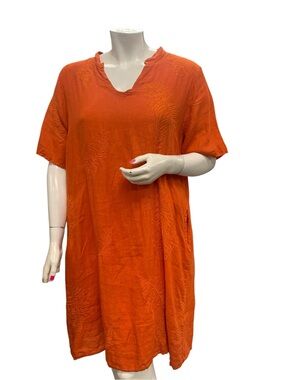 Linen Embroidered Orange V-Neck Shift Dress Size 2X